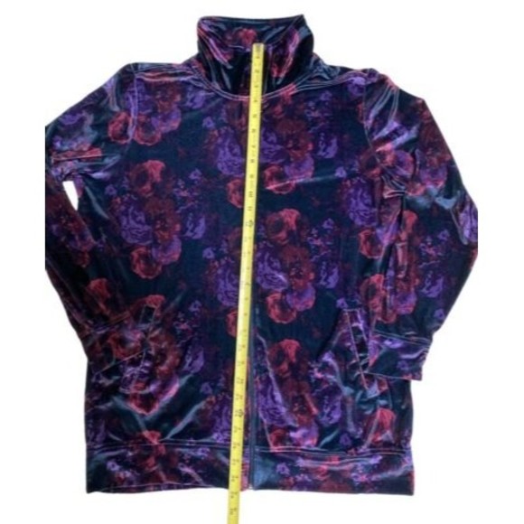 Woman Within Velour Navy Purple Floral Full zip jacket High Neck Size Medium M - Picture 7 of 11